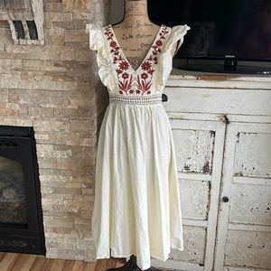 Shein boho hippie 70s-style cream vneck dress w brown embroidery open back midi